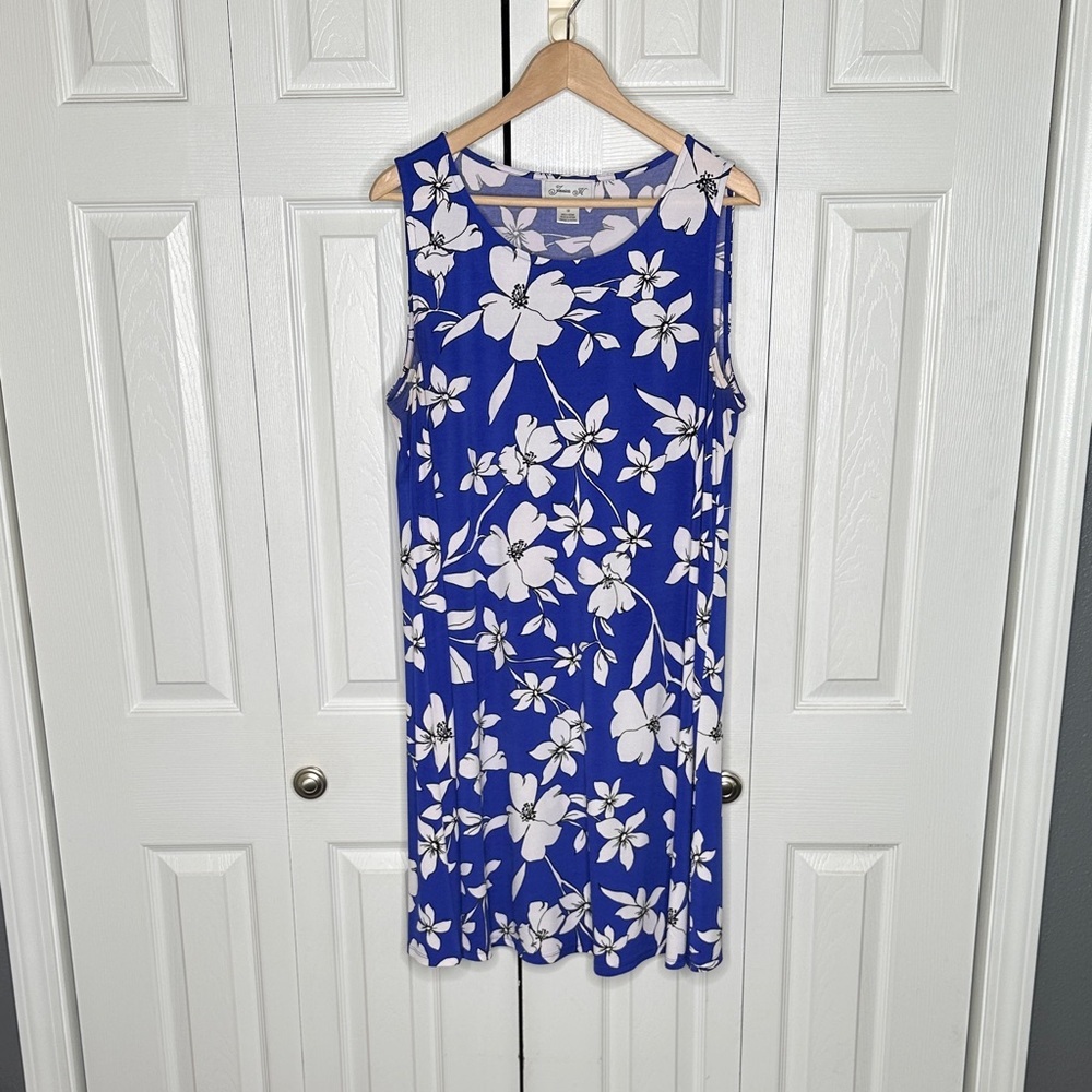 Jessica H Plus Size 16 Women's Tropical Floral Blue & White Sleeveless Dress EUC